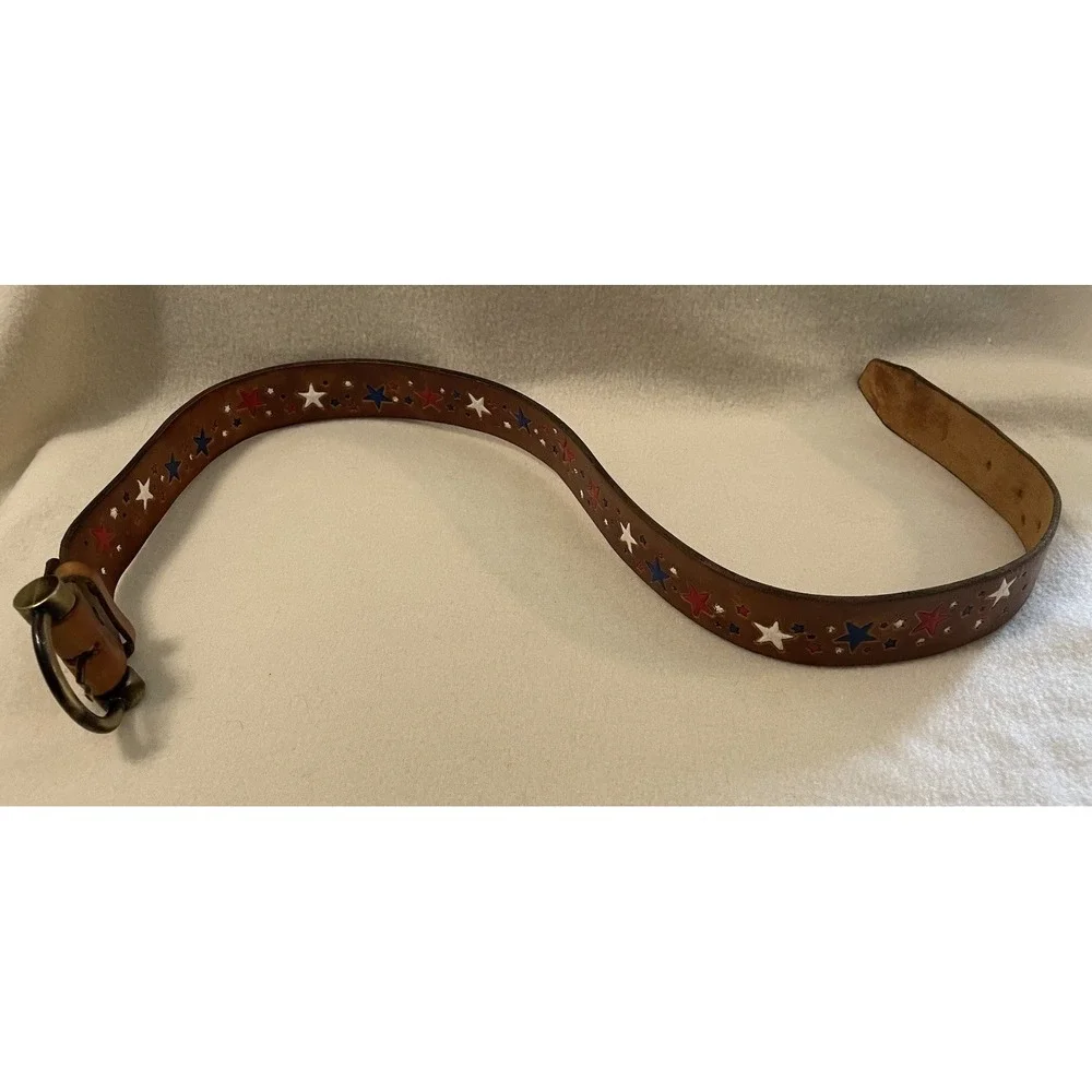 Tooled Leather Belt Red White & Blue Stars Western Cowgirl Brown Vtg 27-31.5